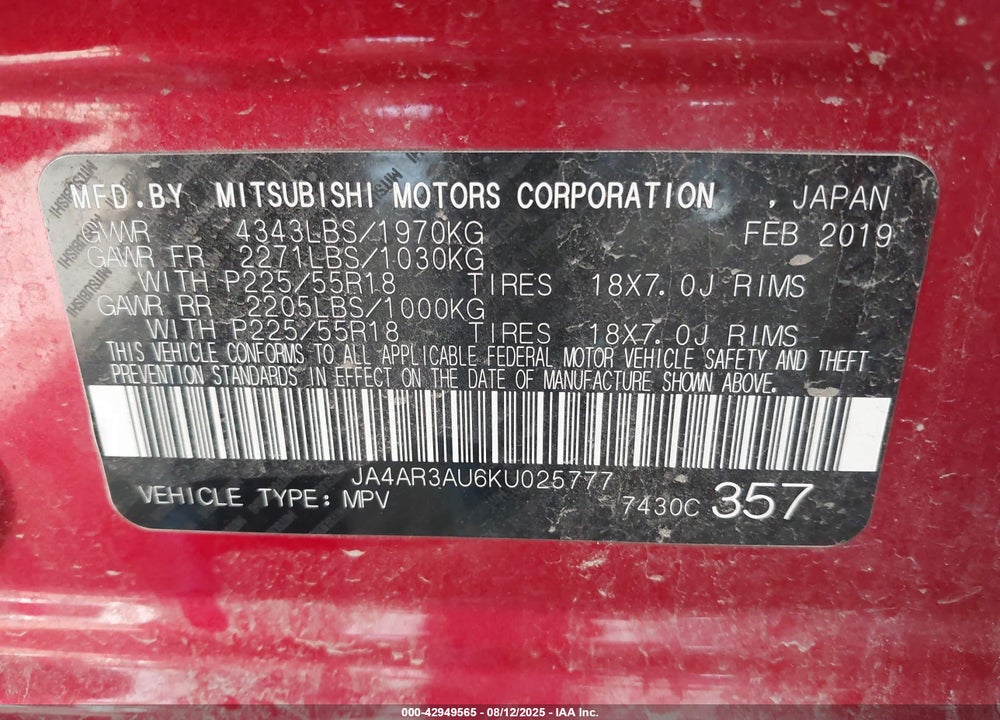 2019 MITSUBISHI OUTLANDER SPORT VIN: JA4AR3AU6KU025777