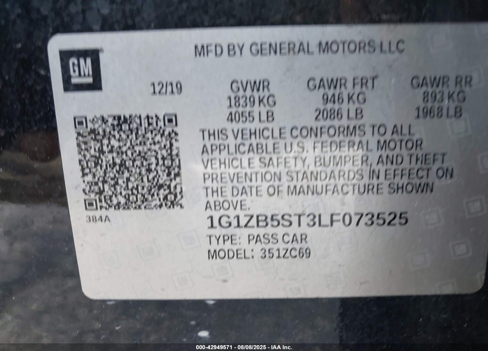 2020 CHEVROLET MALIBU FWD LS VIN: 1G1ZB5ST3LF073525