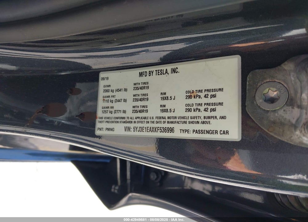 2019 TESLA MODEL 3 LONG RANGE/MID RANGE/STANDARD RANGE/STANDARD RANGE PLUS VIN: 5YJ3E1EAXKF536996