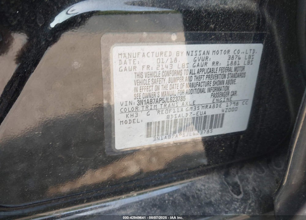 2018 NISSAN SENTRA VIN: 3N1AB7AP5JL623785