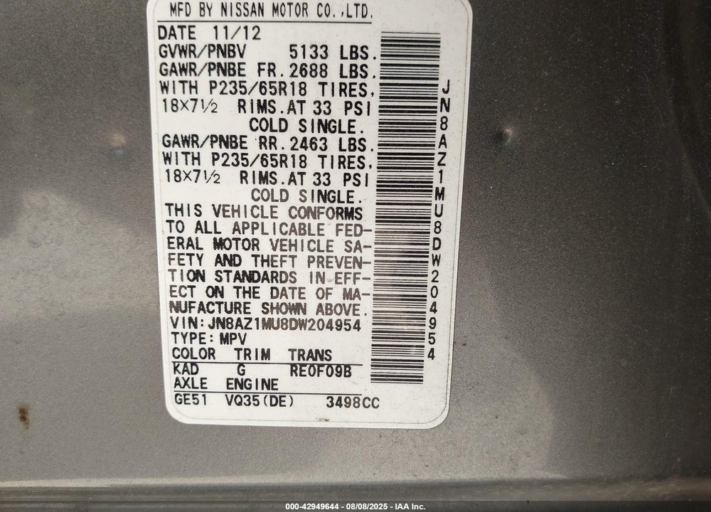 2013 NISSAN MURANO VIN: JN8AZ1MU8DW204954