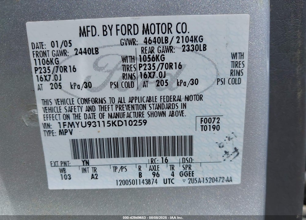 2005 FORD ESCAPE XLT VIN: 1FMYU93115KD10259