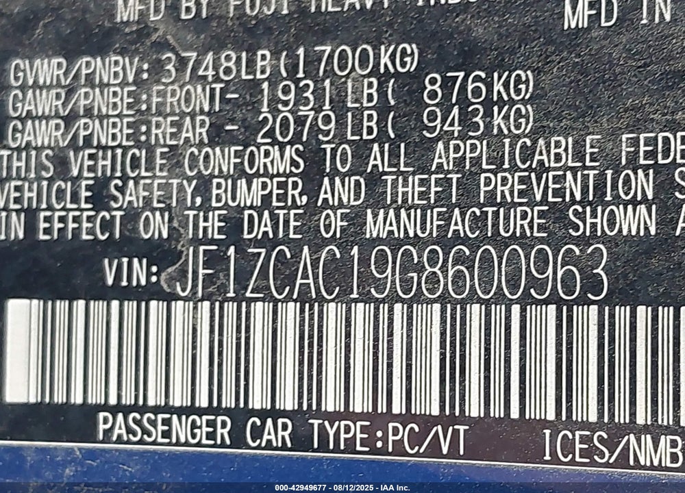 2016 SUBARU BRZ VIN: JF1ZCAC19G8600963