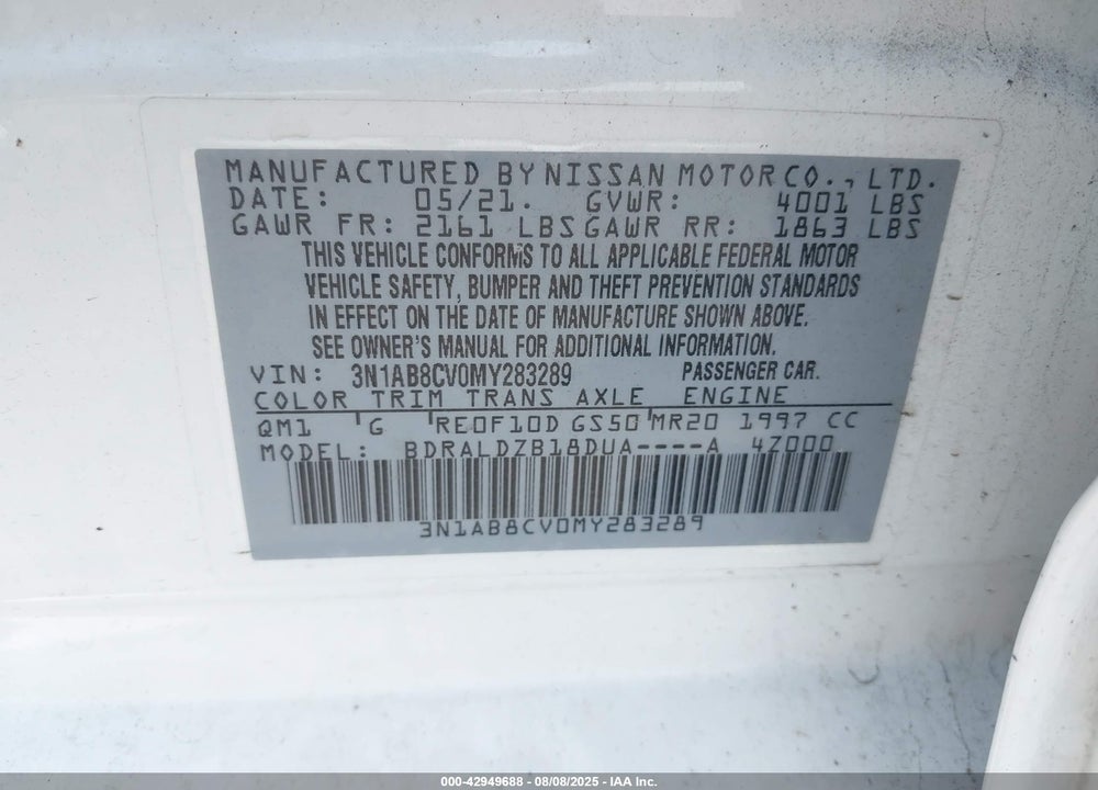 2021 NISSAN SENTRA VIN: 3N1AB8CV0MY283289