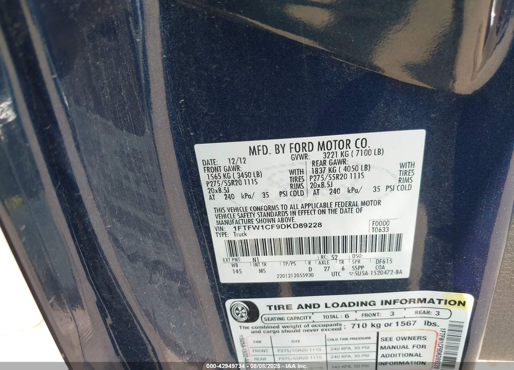 2013 FORD F-150 VIN: 1FTFW1CF9DKD89228