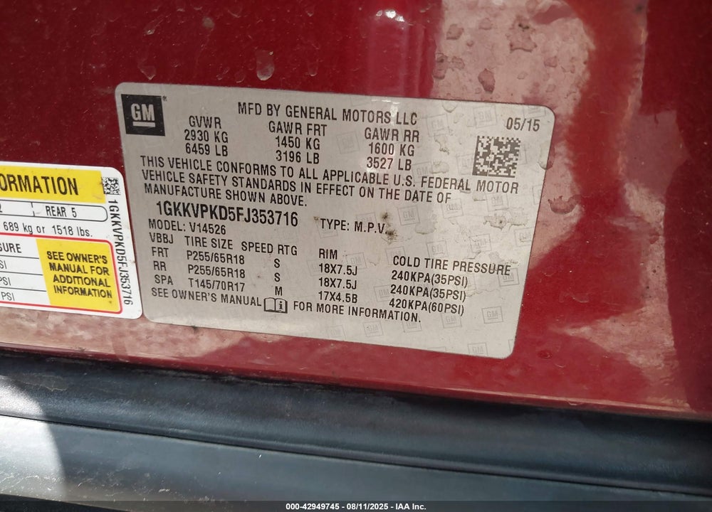 2015 GMC ACADIA VIN: 1GKKVPKD5FJ353716