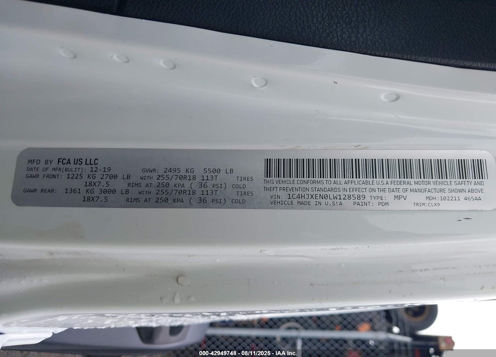2020 JEEP WRANGLER UNLIMITED VIN: 1C4HJXEN0LW128589