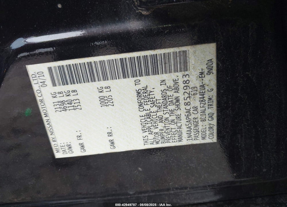 2010 NISSAN MAXIMA VIN: 1N4AA5AP6AC852983