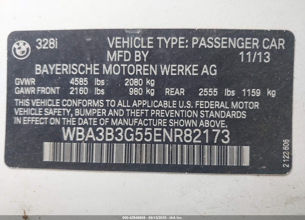 2014 BMW 3 SERIES VIN: WBA3B3G55ENR82173