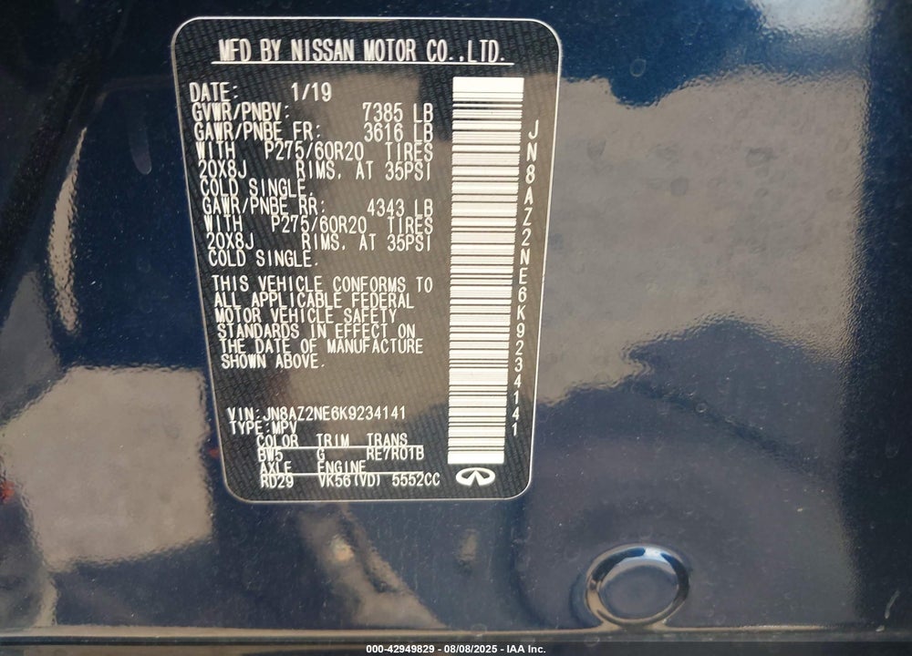 2019 INFINITI QX80 VIN: JN8AZ2NE6K9234141
