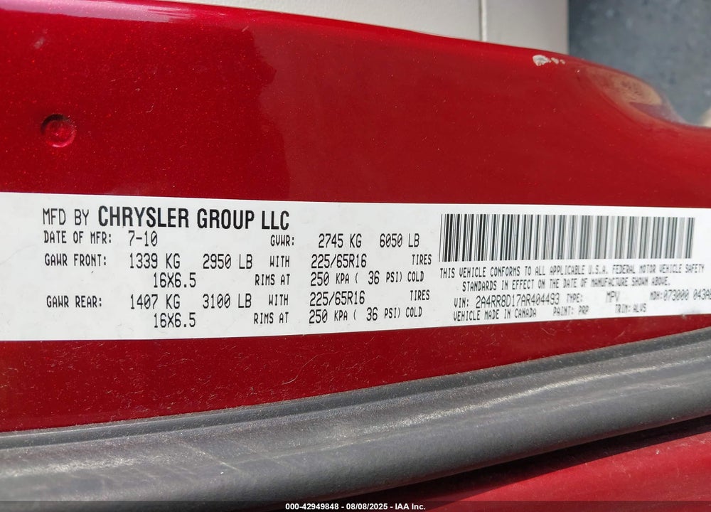 2010 CHRYSLER TOWN & COUNTRY TOURING PLUS VIN: 2A4RR8D17AR404493