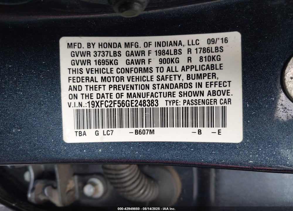 2016 HONDA CIVIC VIN: 19XFC2F56GE248383