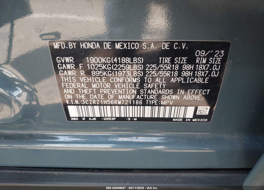 2024 HONDA HR-V 2WD SPORT/2WD SPORT W/O BSI VIN: 3CZRZ1H56RM721186