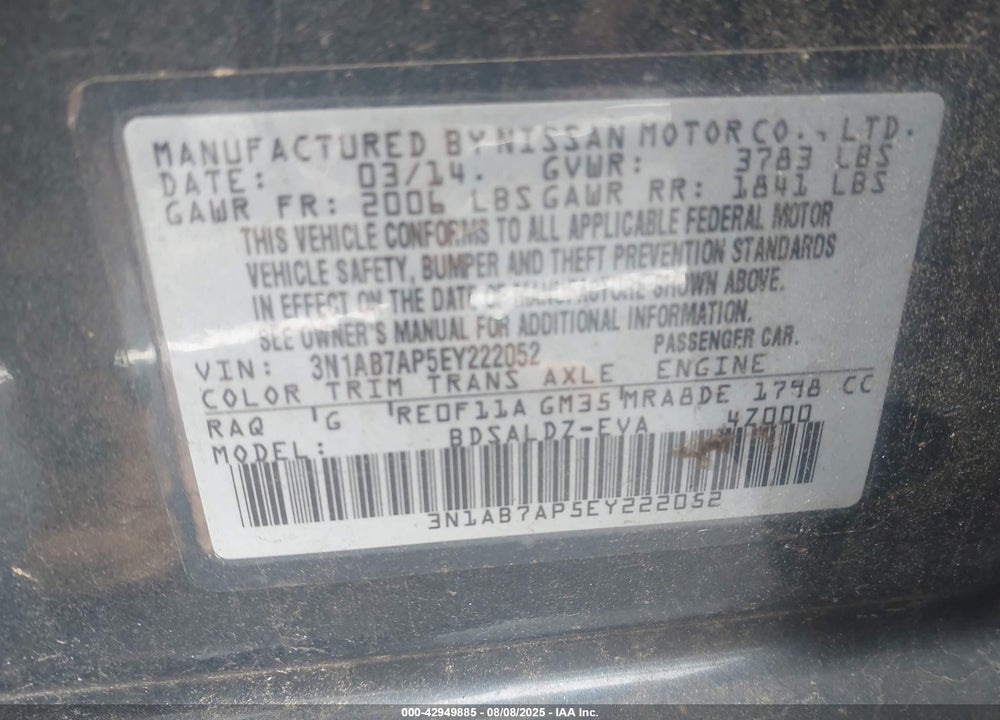 2014 NISSAN SENTRA FE+ S/FE+ SV/S/SL/SR/SV VIN: 3N1AB7AP5EY222052