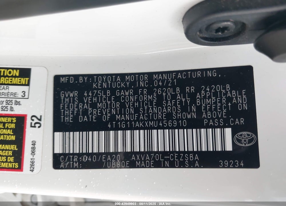 2021 TOYOTA CAMRY VIN: 4T1G11AKXMU456910