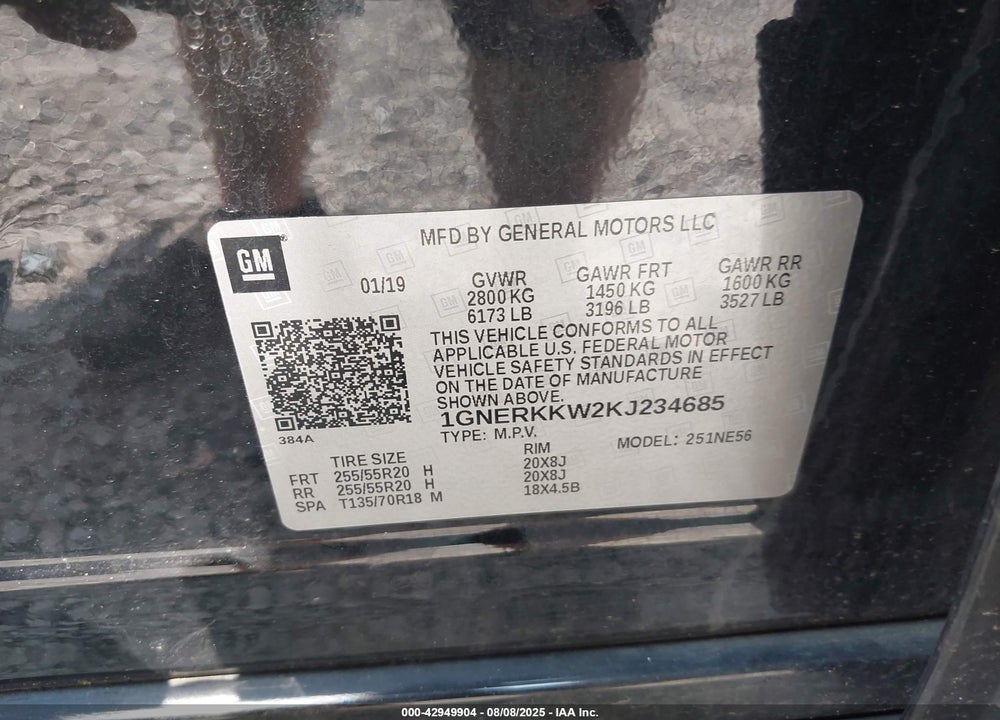 2019 CHEVROLET TRAVERSE VIN: 1GNERKKW2KJ234685
