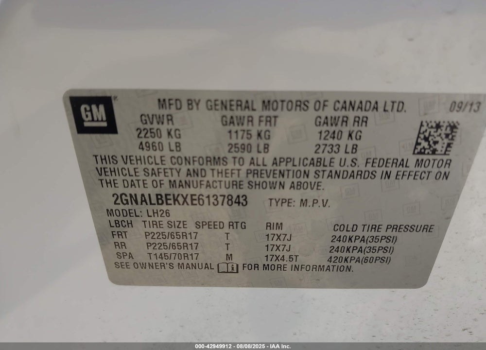 2014 CHEVROLET EQUINOX VIN: 2GNALBEKXE6137843