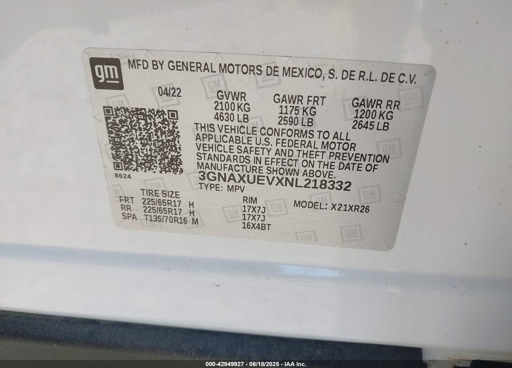 2022 CHEVROLET EQUINOX VIN: 3GNAXUEVXNL218332
