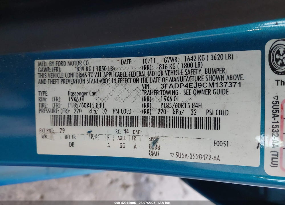 2012 FORD FIESTA SE VIN: 3FADP4EJ9CM137371