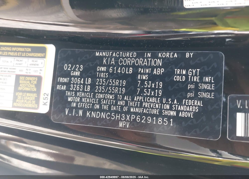 2023 KIA CARNIVAL MPV EX VIN: KNDNC5H3XP6291851