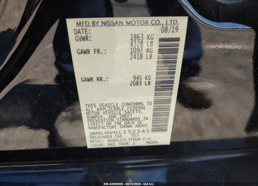2020 NISSAN ALTIMA VIN: 1N4BL4EV4LC152545