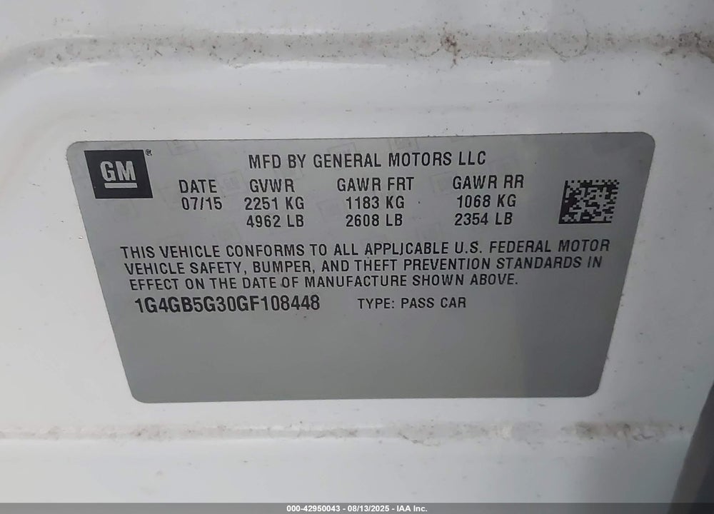 2016 BUICK LACROSSE VIN: 1G4GB5G30GF108448