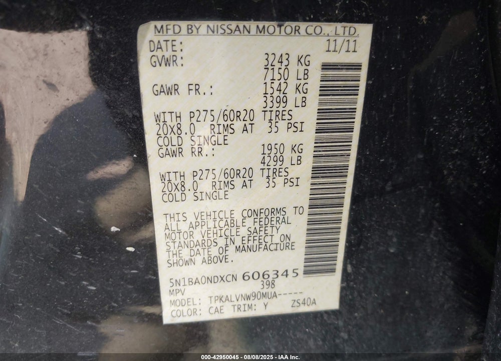 2012 NISSAN ARMADA VIN: 5N1BA0NDXCN606345