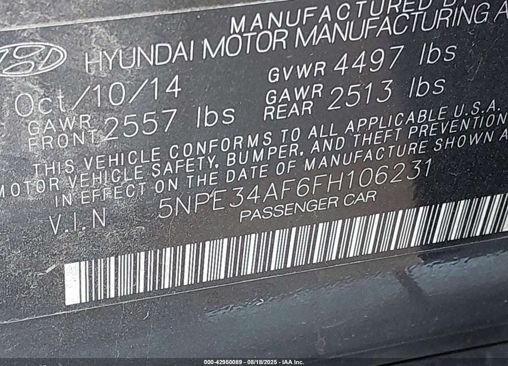 2015 HYUNDAI SONATA SPORT VIN: 5NPE34AF6FH106231
