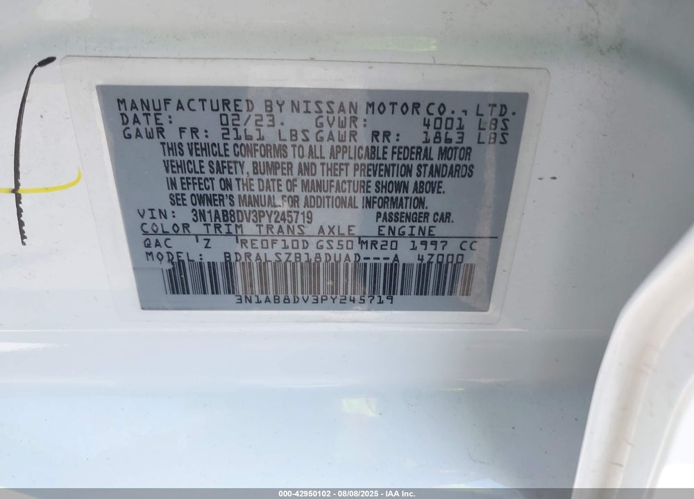 2023 NISSAN SENTRA VIN: 3N1AB8DV3PY245719