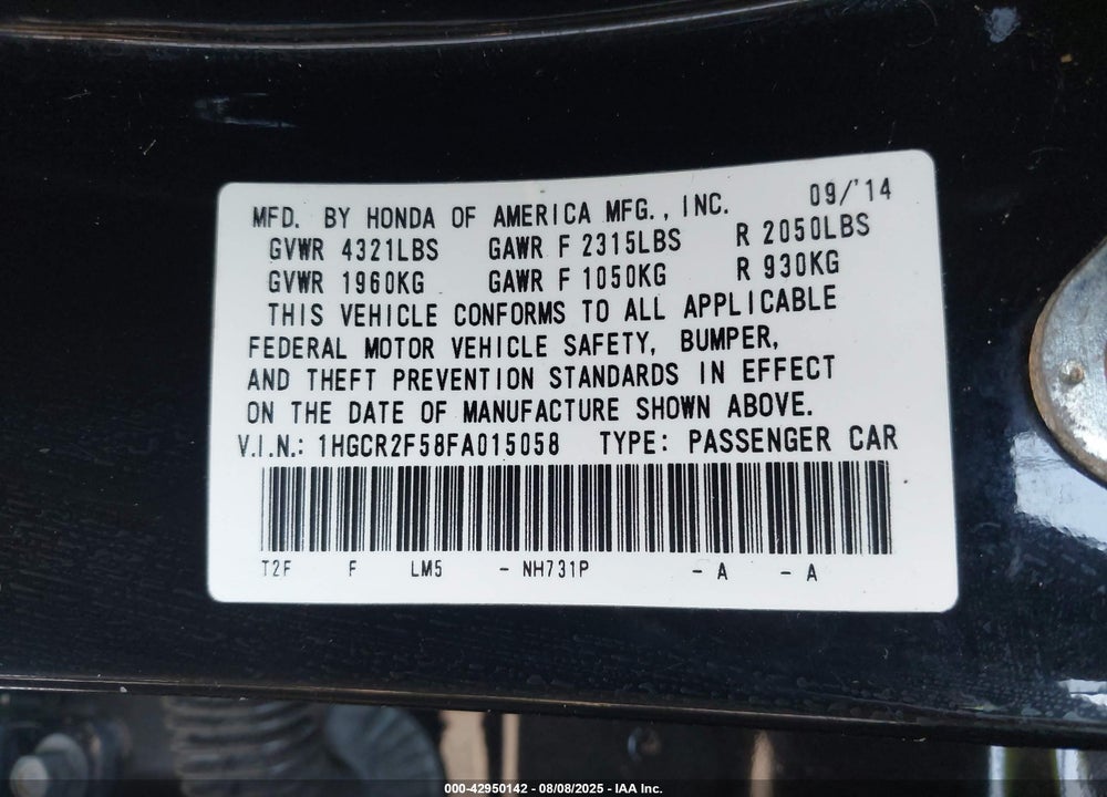 2015 HONDA ACCORD VIN: 1HGCR2F58FA015058