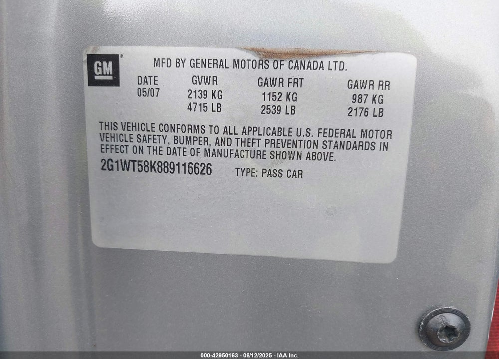 2008 CHEVROLET IMPALA LT VIN: 2G1WT58K889116626
