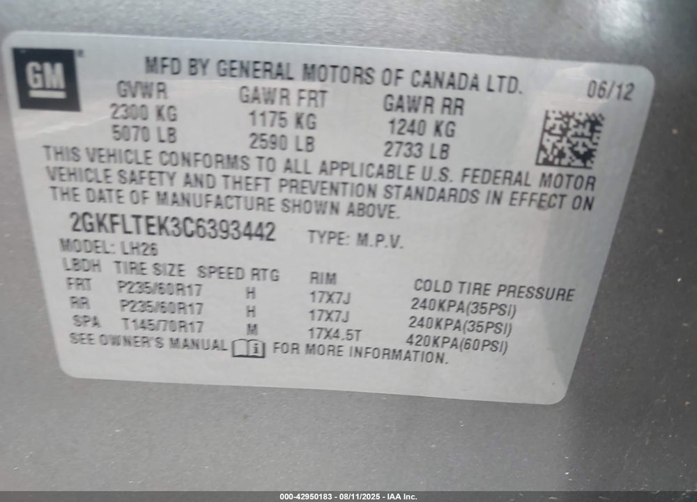 2012 GMC TERRAIN VIN: 2GKFLTEK3C6393442