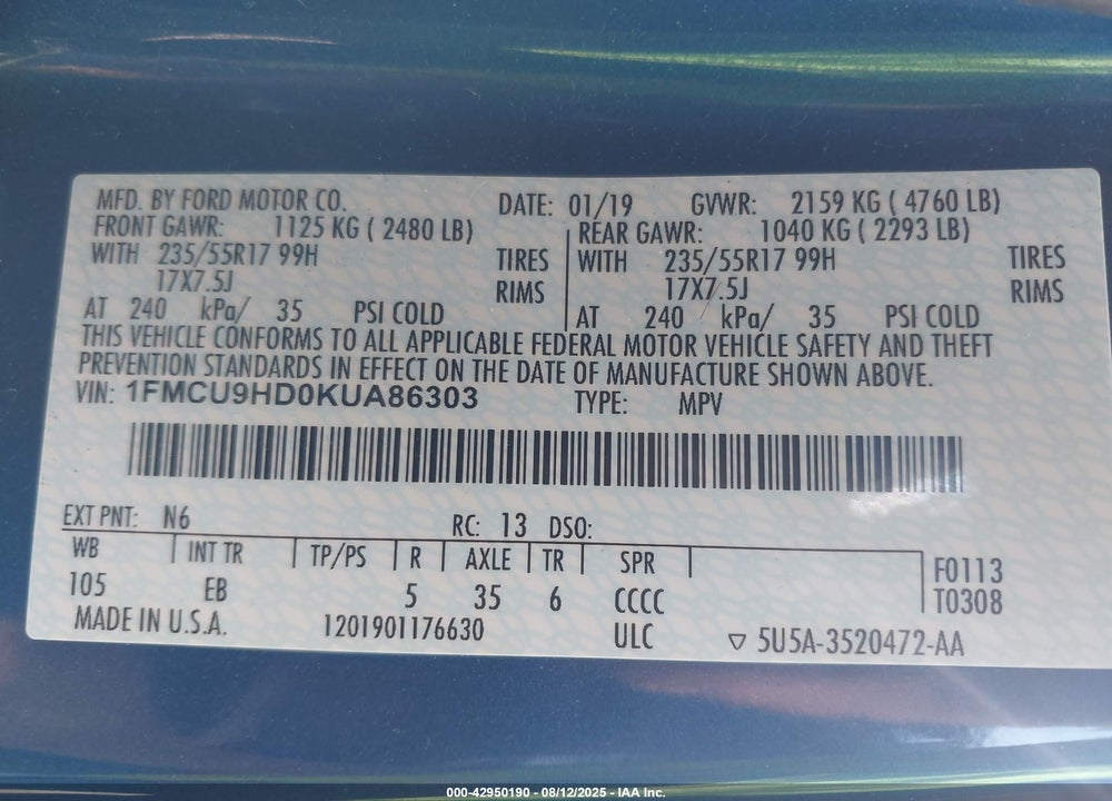 2019 FORD ESCAPE VIN: 1FMCU9HD0KUA86303