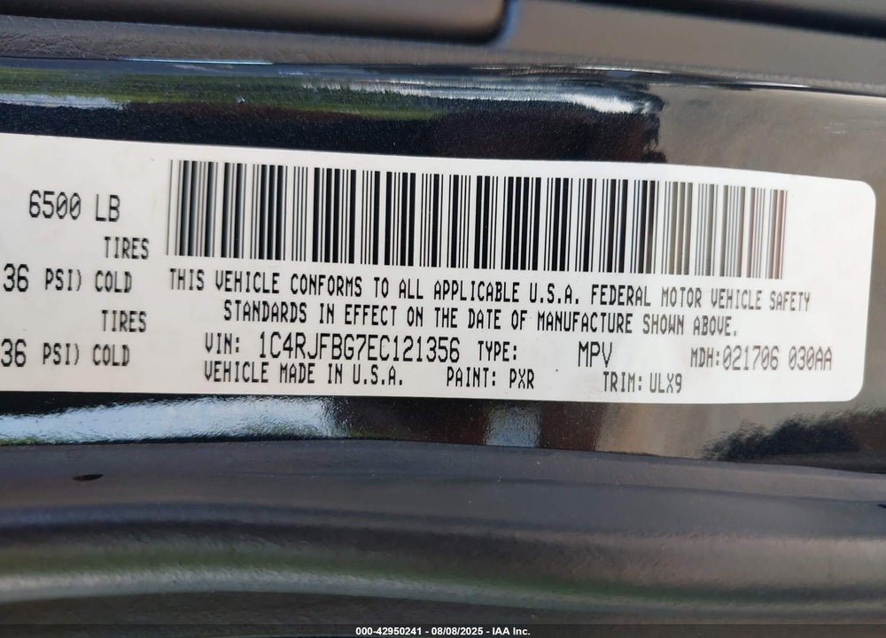 2014 JEEP GRAND CHEROKEE VIN: 1C4RJFBG7EC121356