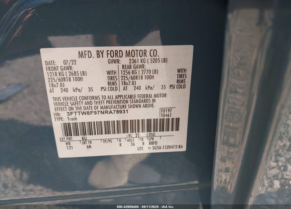 2022 FORD MAVERICK VIN: 3FTTW8F97NRA78931