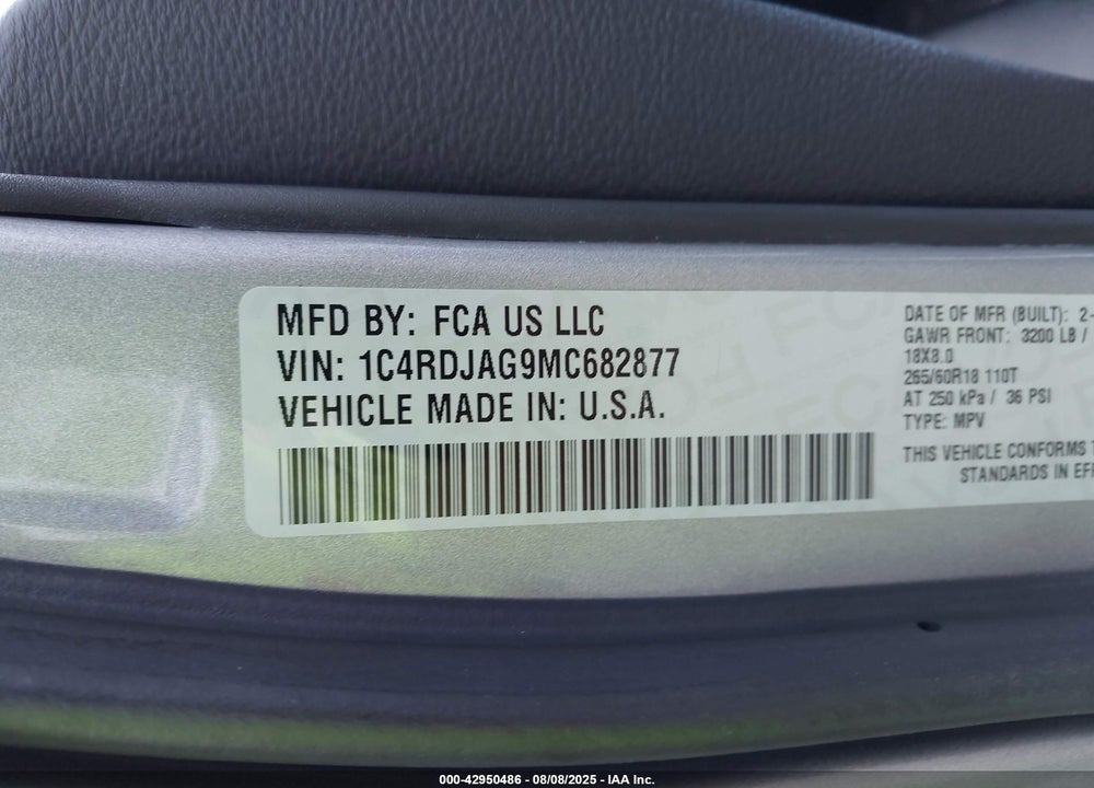 2021 DODGE DURANGO VIN: 1C4RDJAG9MC682877