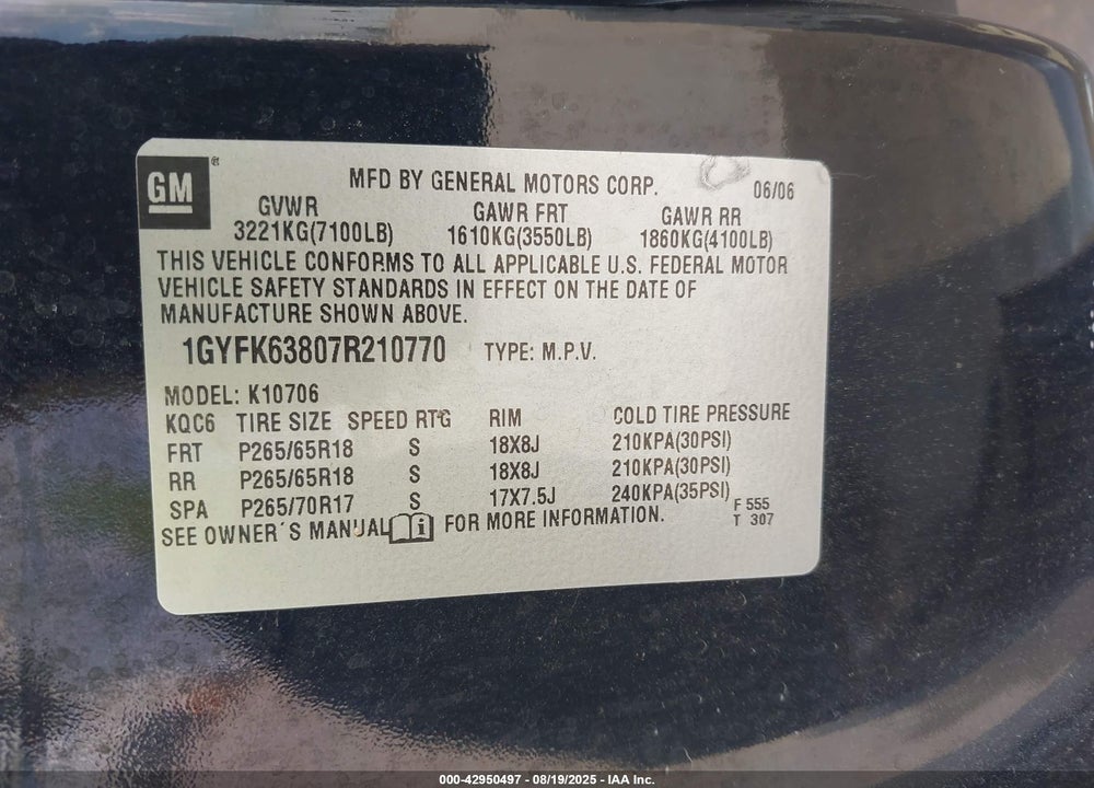 2007 CADILLAC ESCALADE STANDARD VIN: 1GYFK63807R210770