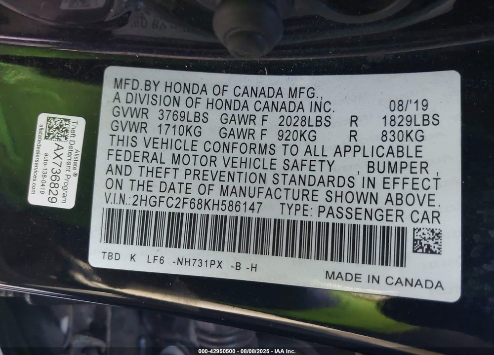 2019 HONDA CIVIC LX VIN: 2HGFC2F68KH586147