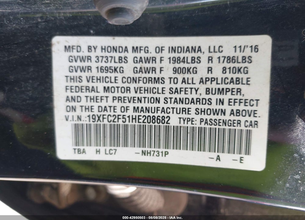 2017 HONDA CIVIC LX VIN: 19XFC2F51HE208682