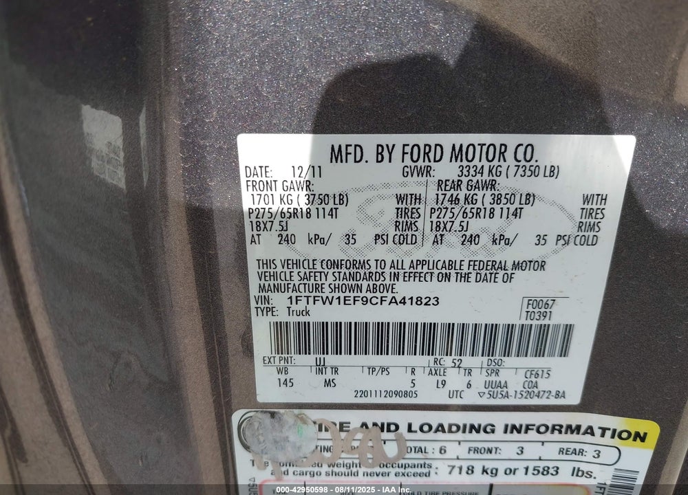 2012 FORD F-150 VIN: 1FTFW1EF9CFA41823