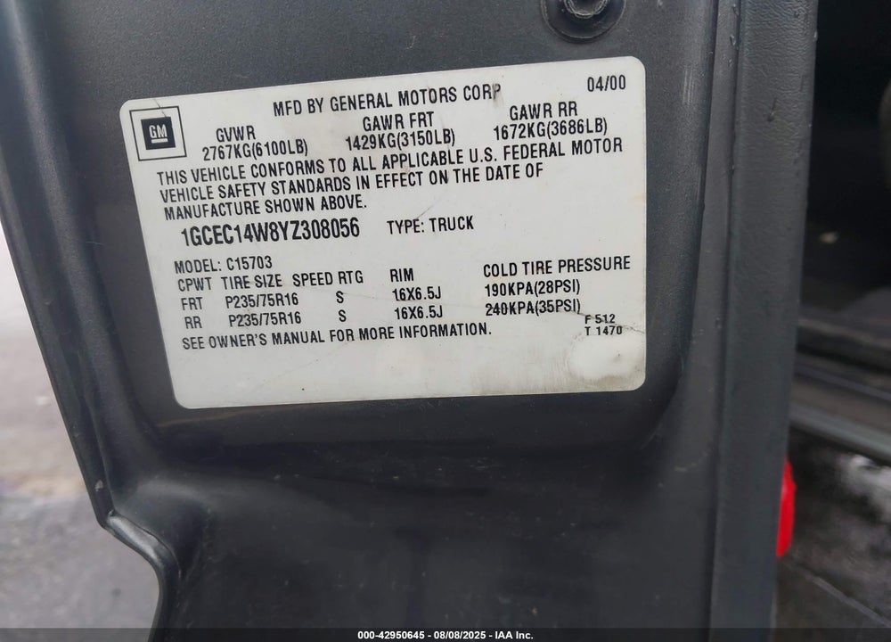 2000 CHEVROLET SILVERADO 1500 LS VIN: 1GCEC14W8YZ308056