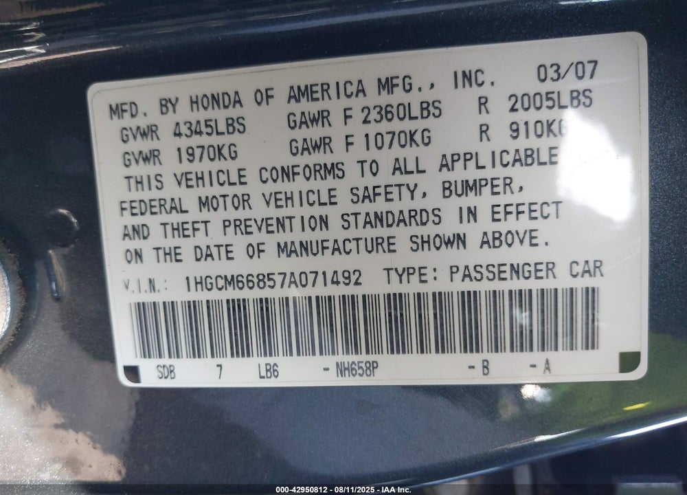 2007 HONDA ACCORD 3.0 EX VIN: 1HGCM66857A071492