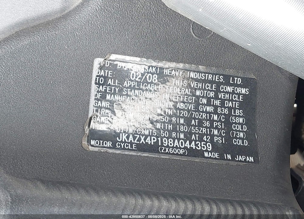 2008 KAWASAKI ZX600 P VIN: JKAZX4P198A044359