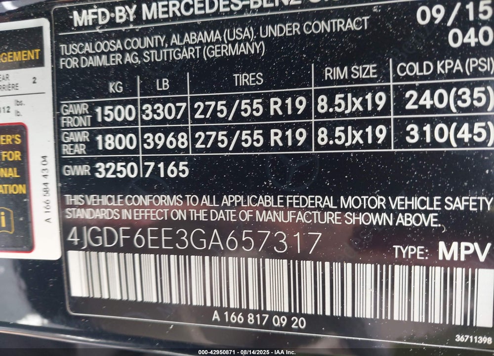 2016 MERCEDES-BENZ GL-CLASS VIN: 4JGDF6EE3GA657317