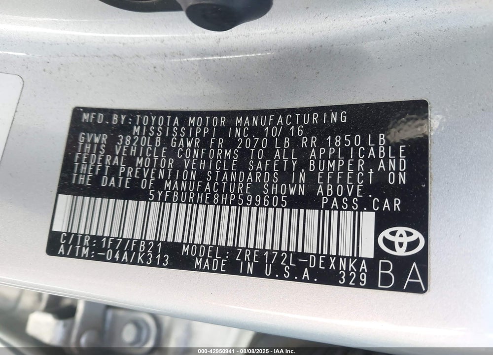 2017 TOYOTA COROLLA LE VIN: 5YFBURHE8HP599605