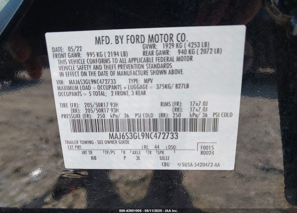 2022 FORD ECOSPORT VIN: MAJ6S3GL9NC472733