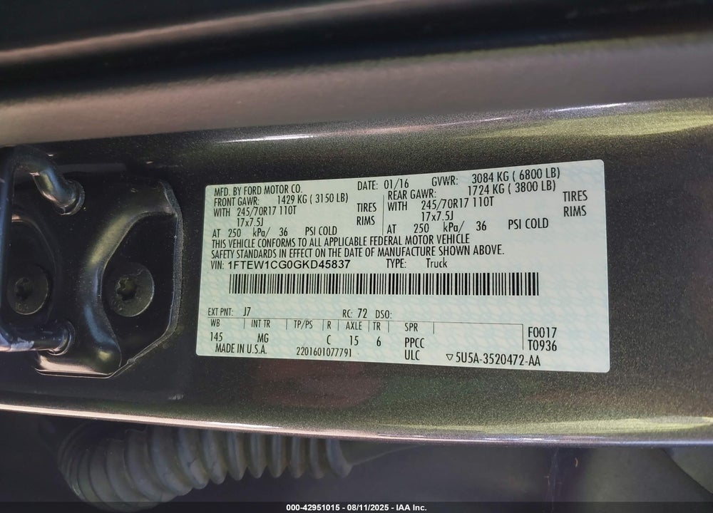 2016 FORD F-150 VIN: 1FTEW1CG0GKD45837