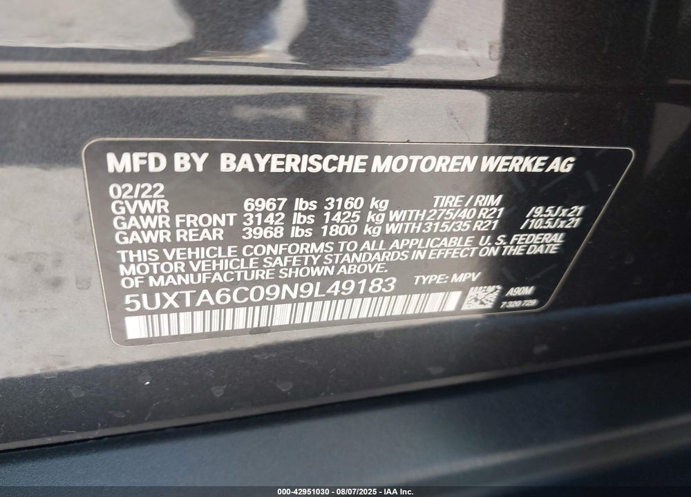 2022 BMW X5 VIN: 5UXTA6C09N9L49183