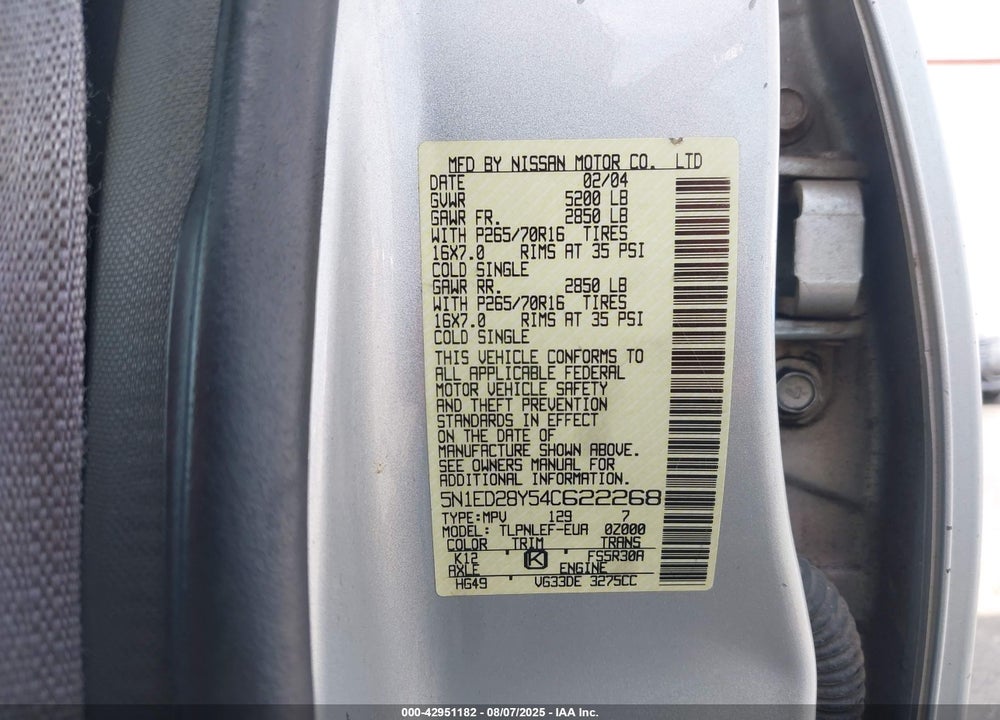 2004 NISSAN XTERRA XE VIN: 5N1ED28Y54C622268