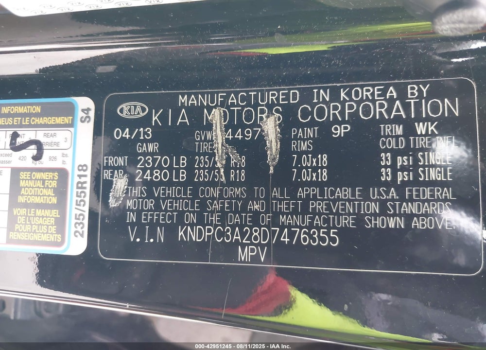 2013 KIA SPORTAGE EX VIN: KNDPC3A28D7476355